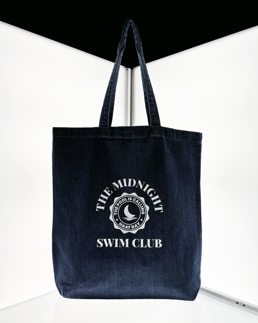 THE MIDNIGHT SWIM CLUB emblem denim tote