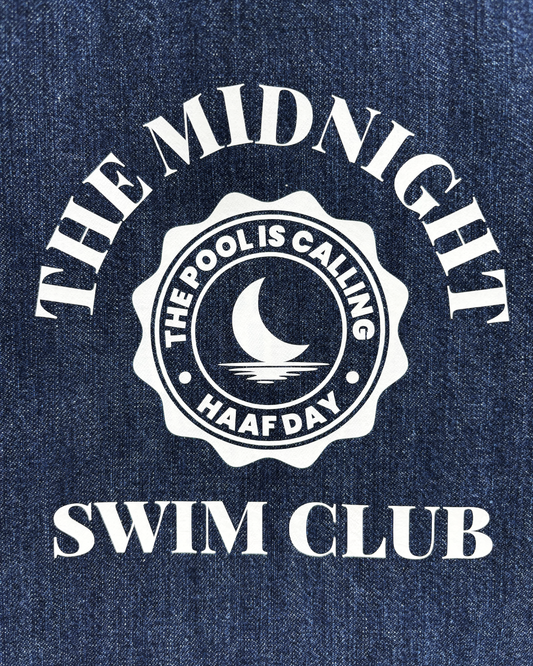 THE MIDNIGHT SWIM CLUB emblem denim tote